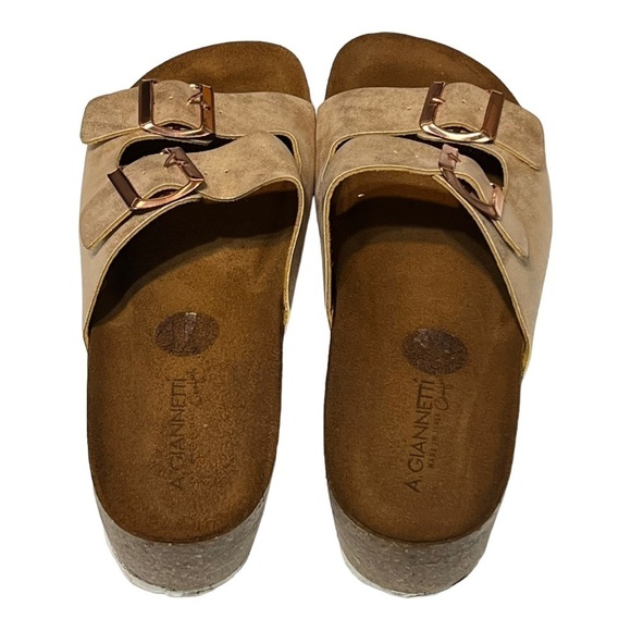 A. Giannetti Rose Gold Pin Buckle Leather Cork Slides Sz 10 Trendy Summer Sandal - Picture 3 of 8
